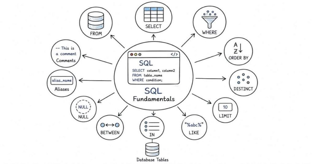 SQL fundamentals infographic explaining SELECT, WHERE, ORDER BY, DISTINCT, NULL handling, aliases, and query basics for beginners.