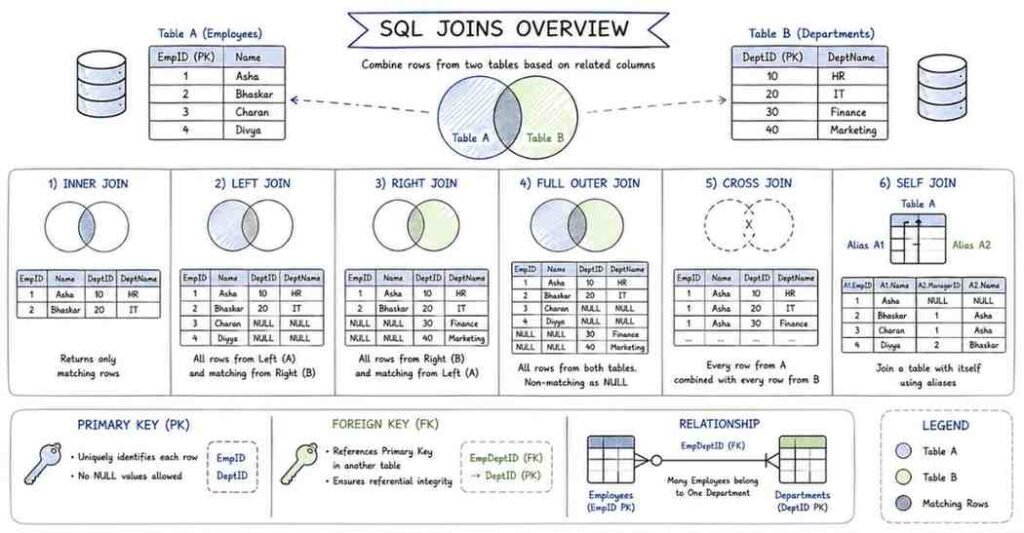 SQL joins infographic comparing INNER JOIN, LEFT JOIN, RIGHT JOIN, FULL OUTER JOIN, CROSS JOIN, SELF JOIN, and table relationships.