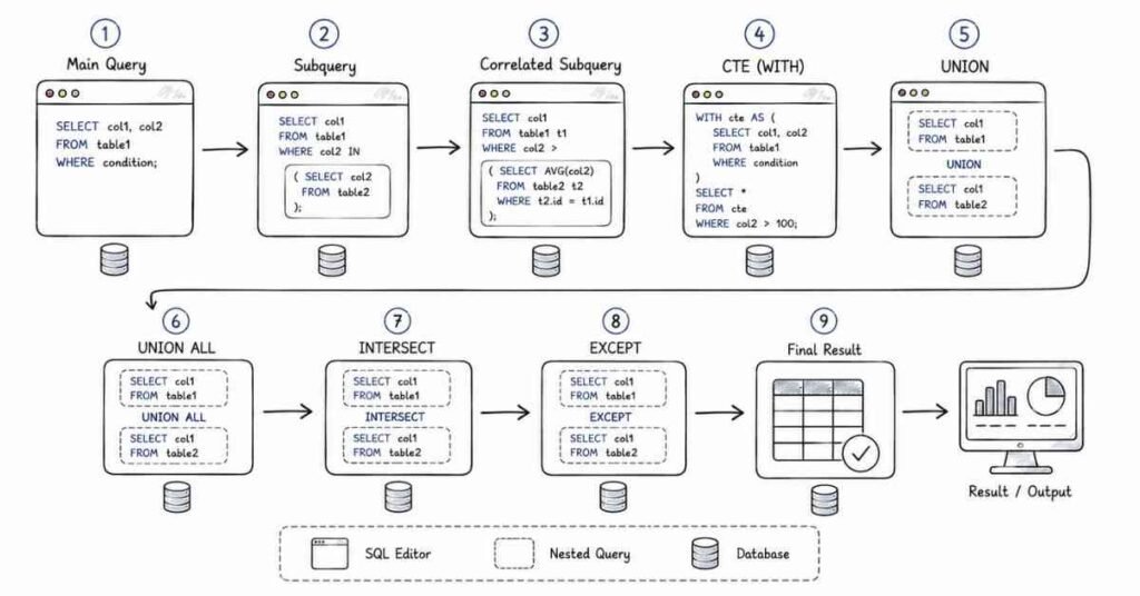SQL subqueries and CTE infographic explaining nested queries, WITH clause, UNION, UNION ALL, INTERSECT, and EXCEPT.