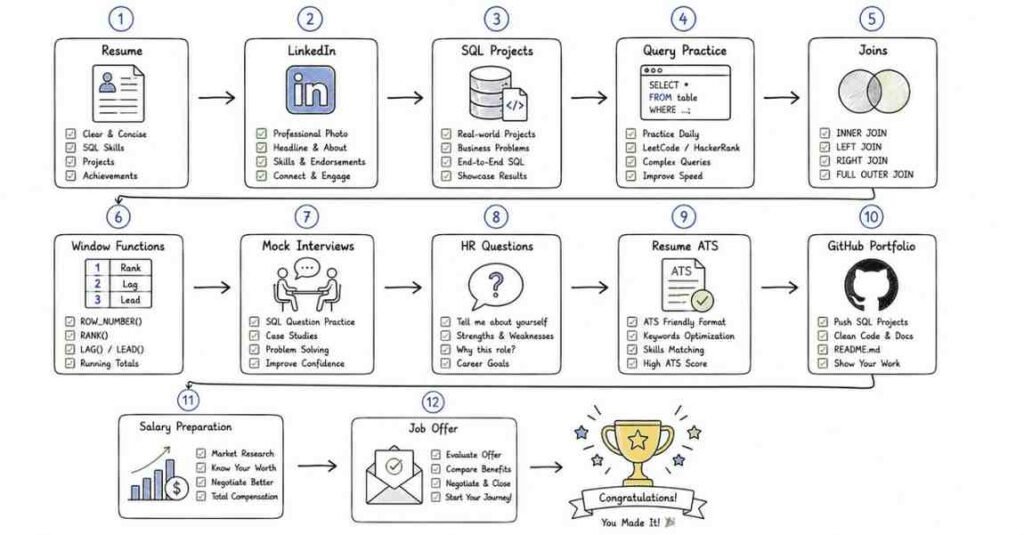 SQL interview preparation checklist covering resume, SQL projects, query practice, mock interviews, ATS optimization, LinkedIn, and interview success in 2026.