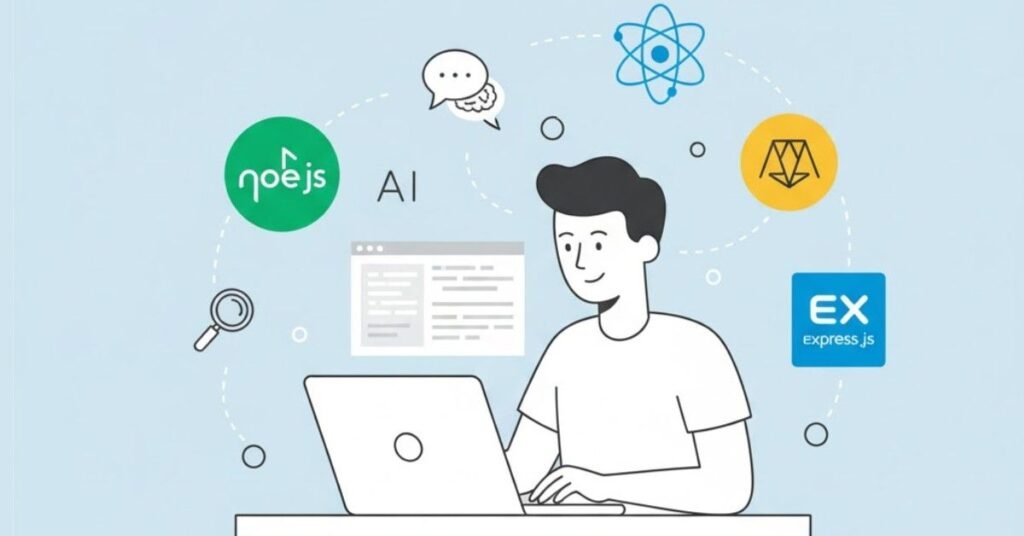 Flat vector of MERN developer using laptop and AI assistant.