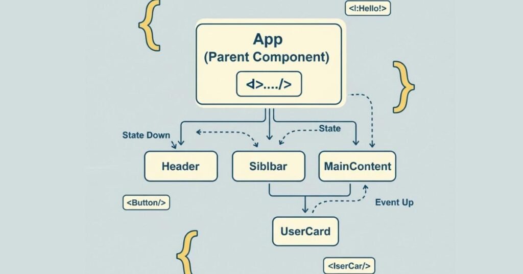 Flat illustration of JS code and syntax elements.