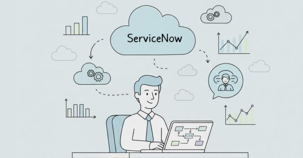 Flat vector of ServiceNow professional using AI-powered dashboard.