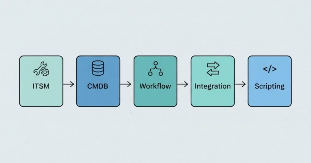 Flat infographic of ServiceNow modules with icons.