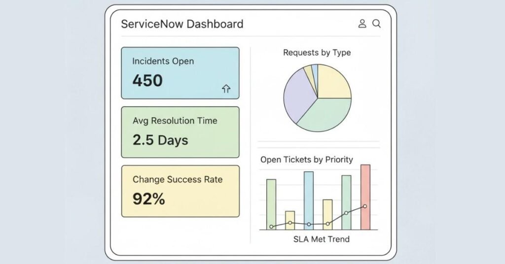 Flat vector of dashboard charts and metrics.