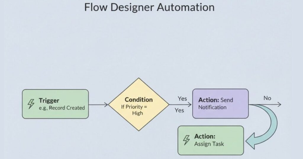 Flat infographic of Flow Designer with trigger icons.