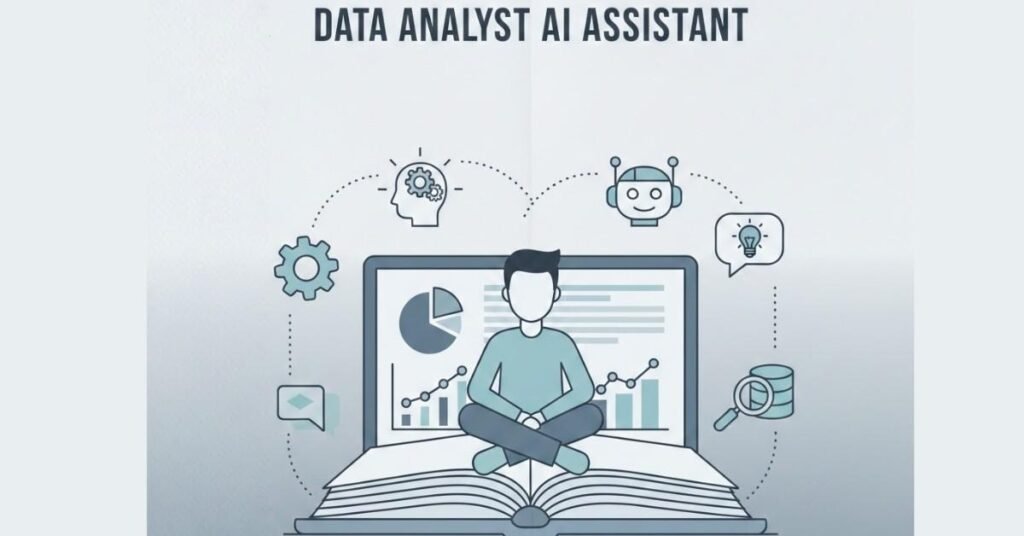 Flat vector of analyst working on laptop with charts & AI icons
