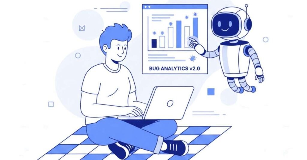 Flat vector of QA tester with AI assistant & dashboard.