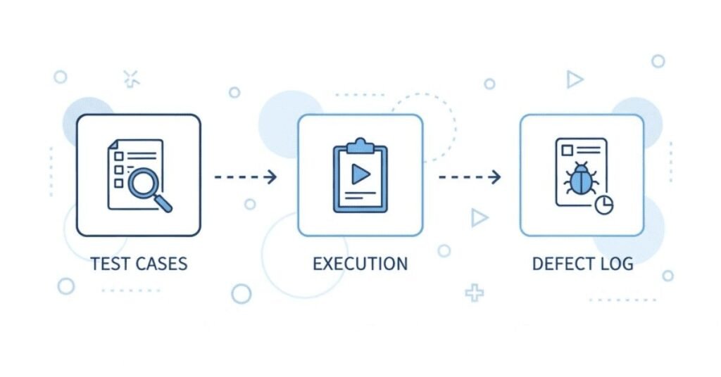 Flat manual testing workflow graphic.