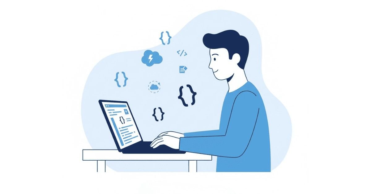 Minimalist AI-style illustration of developer coding Apex on laptop with Salesforce code elements in blue.
