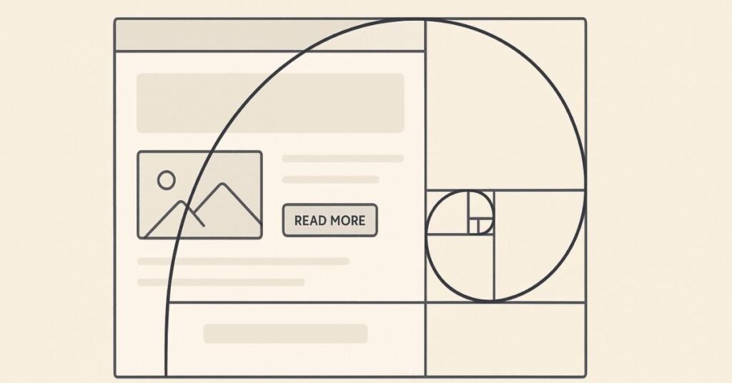 Illustration showing golden ratio spiral overlay on layout grid