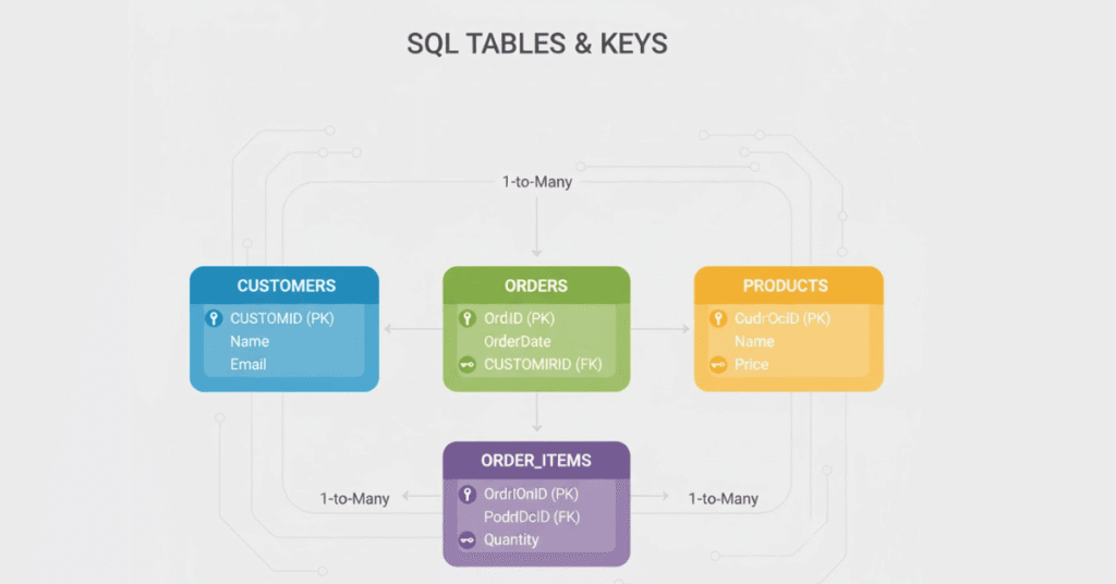 Flat vector of two connected tables showing primary/foreign key relationships.