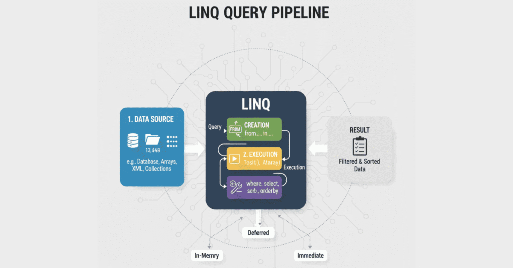 Flat illustration showing data filtering pipeline with Where, Select, GroupBy.