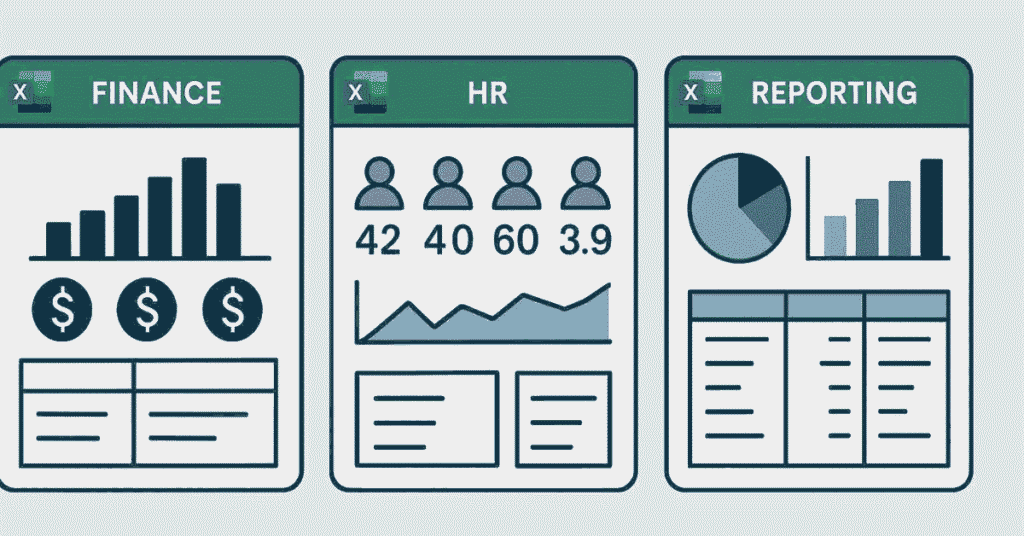 Flat design showing Excel in real-world business scenarios.