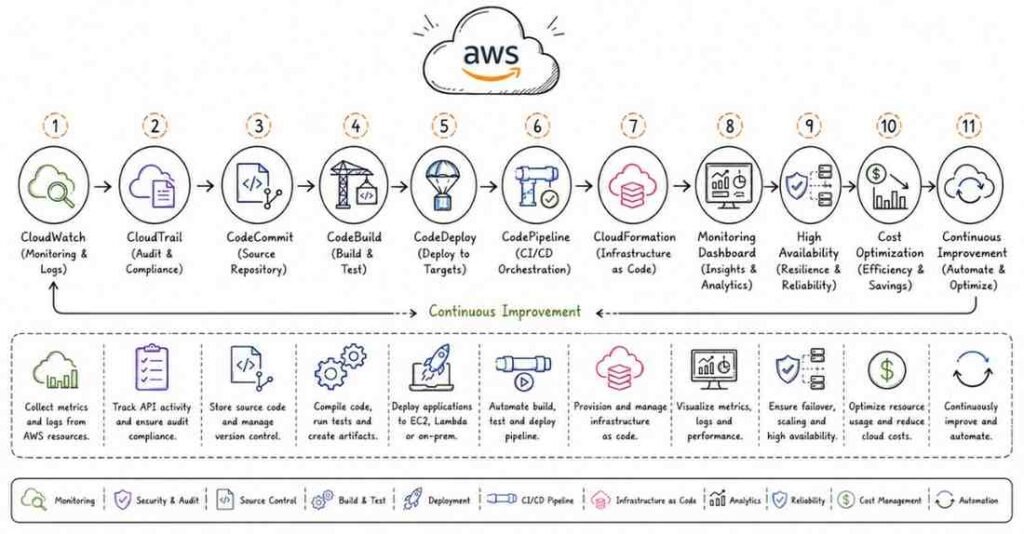 AWS monitoring and automation workflow showing CloudWatch, CloudTrail, CodePipeline, CloudFormation, CI/CD, monitoring, and deployment automation.
