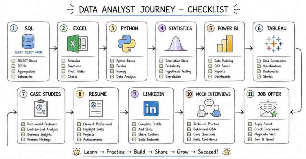 Data Analytics interview preparation checklist covering SQL, Excel, Power BI, Python, and interview readiness.