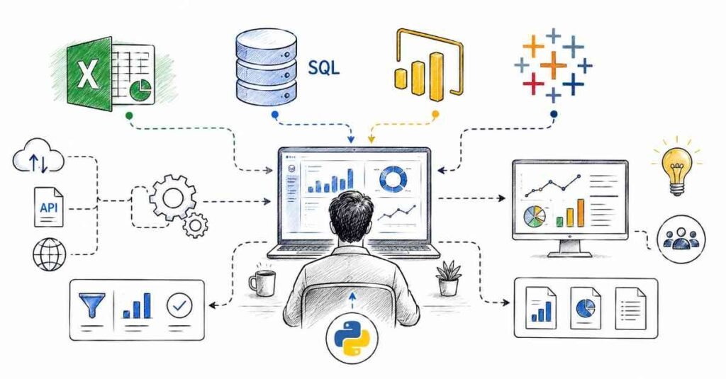 Data analytics skills and tools ecosystem including SQL Excel Power BI Python and Tableau