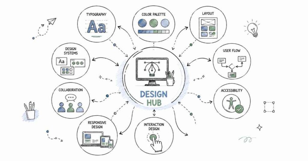 UI UX design skills ecosystem connected through visual design and user experience concepts