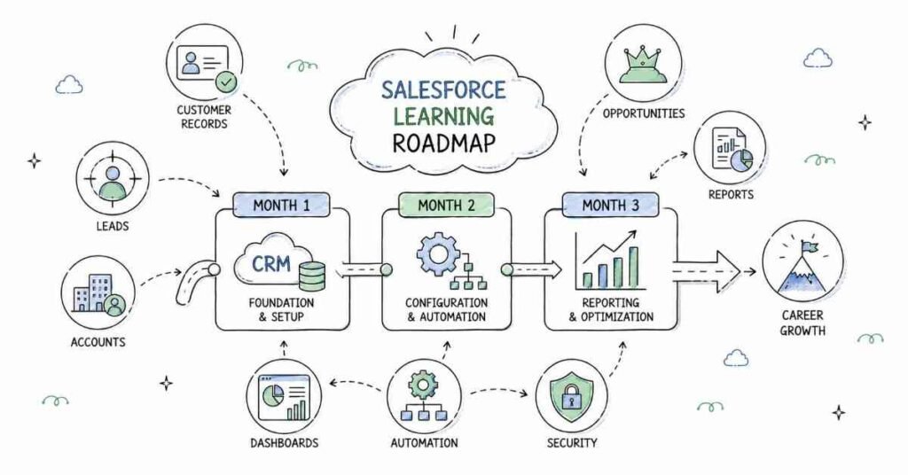 90-day Salesforce learning roadmap from CRM fundamentals to job-ready Salesforce professional