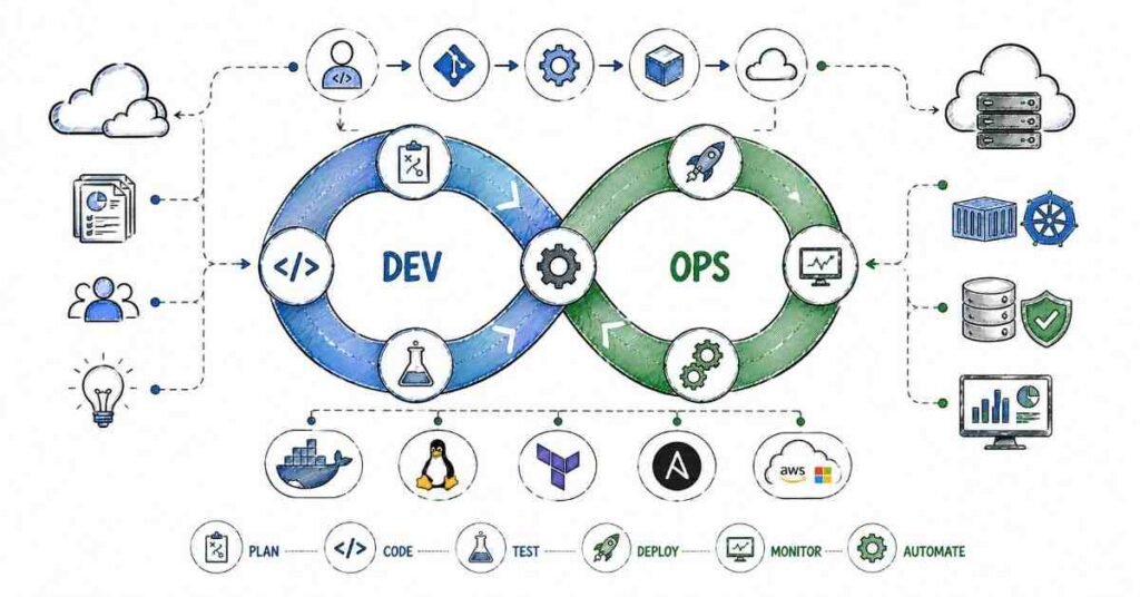 DevOps lifecycle showing development testing deployment monitoring and automation workflow