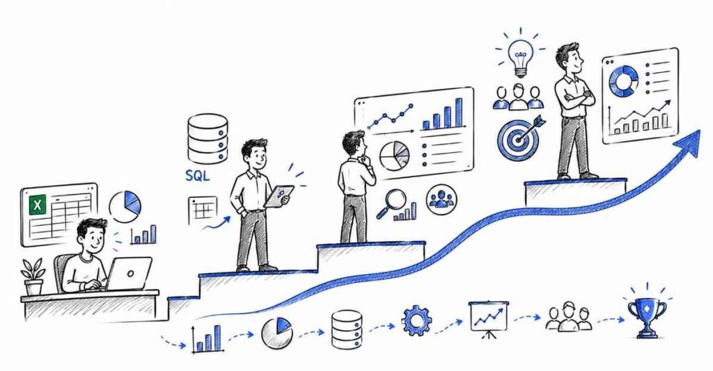 Career growth path for data analytics professionals from beginner to senior roles