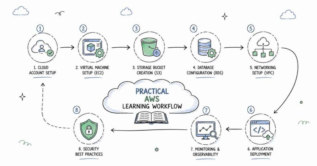 AWS hands-on learning workflow from creating resources to deployment