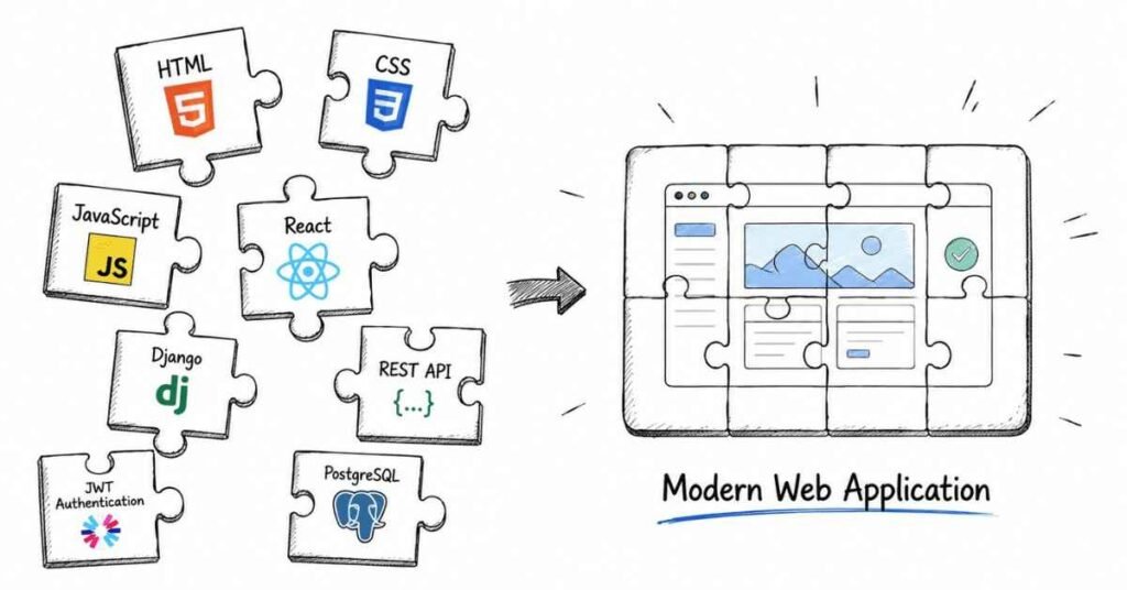 Python Full Stack development workflow connecting React Django REST API PostgreSQL and JWT authentication