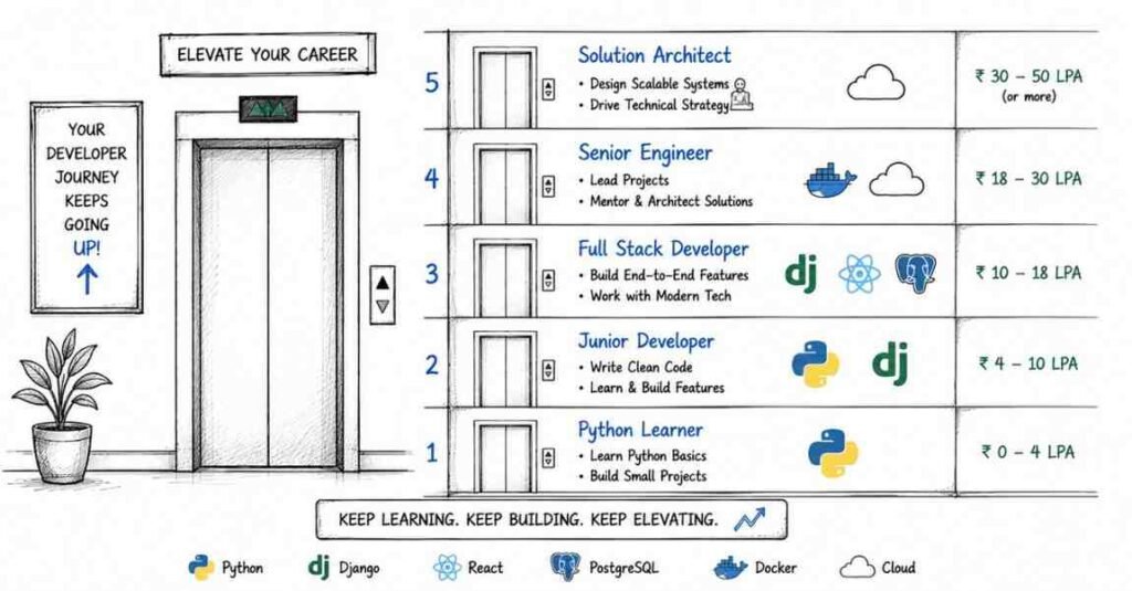 Python Full Stack developer salary roadmap from beginner to senior software architect in India