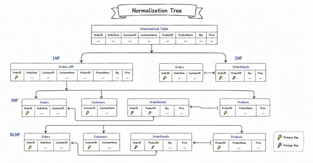 Database normalization and ER design interview guide