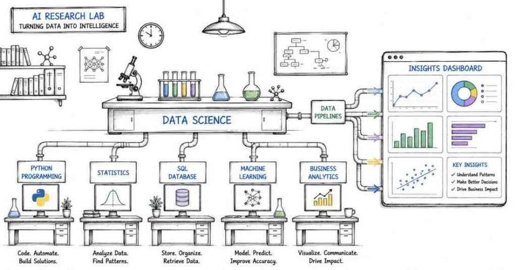 Traditional data science roadmap showing Python statistics SQL machine learning and business analytics workflow