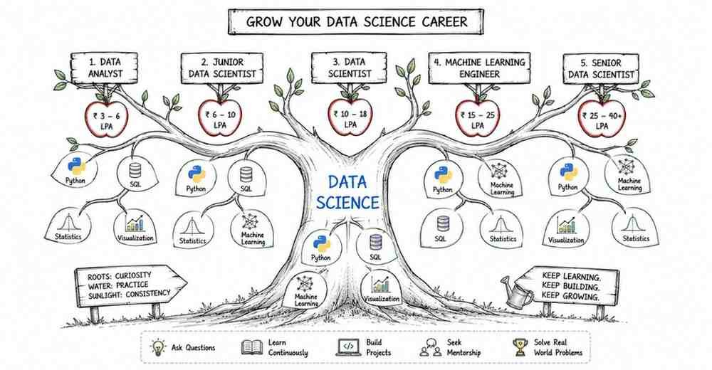 Traditional data scientist career growth tree showing Python machine learning career paths and salary progression in India