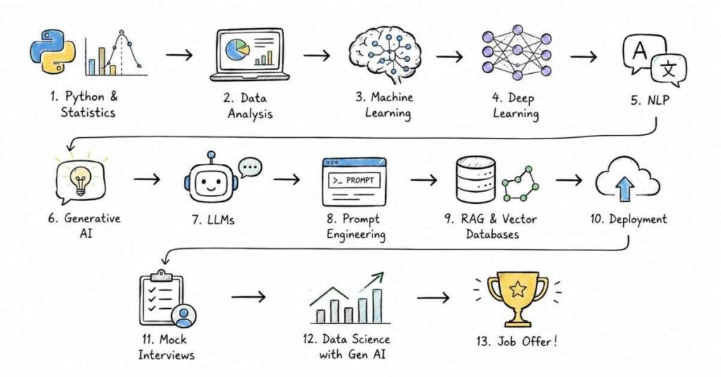 Data Science with Gen AI career roadmap showing the complete learning path from Python fundamentals to becoming a Gen AI Engineer in 2026.