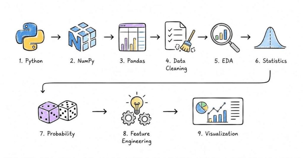 Python data science workflow covering NumPy, Pandas, EDA, statistics, feature engineering, and data visualization.