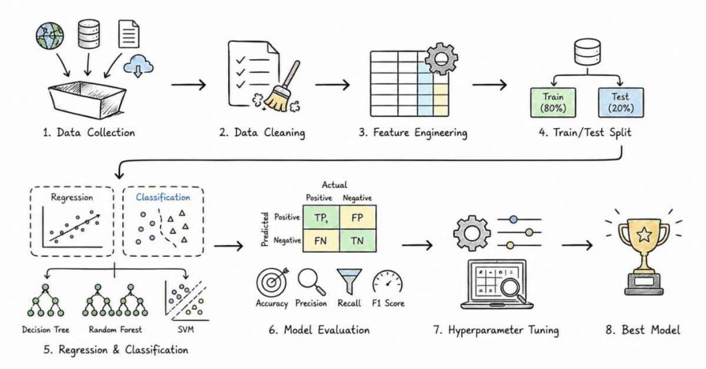 Machine Learning workflow explaining data preprocessing, model training, evaluation metrics, and hyperparameter tuning.