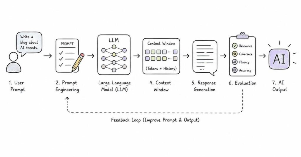 Generative AI workflow illustrating prompt engineering, LLM processing, context handling, and AI-generated responses.