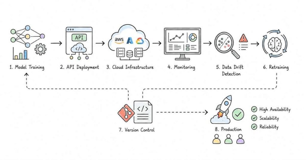 Machine Learning deployment workflow showing cloud deployment, monitoring, model drift detection, versioning, and production pipeline.