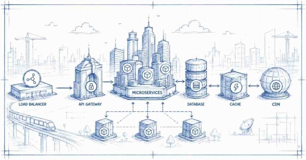 System design architecture blueprint showing load balancer API gateway databases caching and scalable software architecture