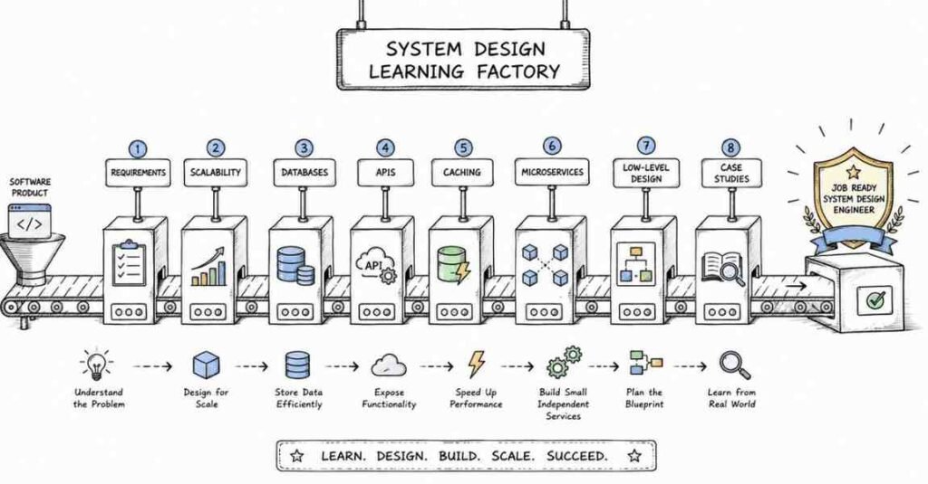 90 day system design roadmap covering requirements scalability databases APIs caching and software architecture