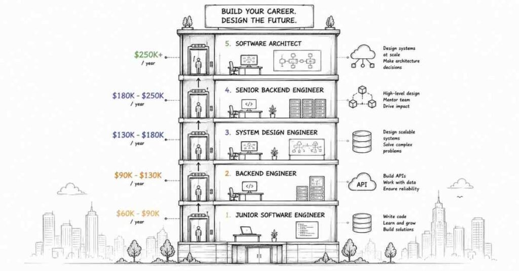 System design engineer career progression showing backend engineering software architecture and salary growth in India