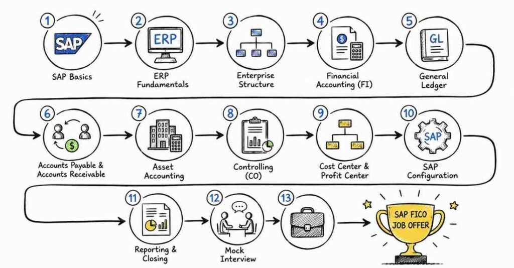 SAP FICO career roadmap showing the complete learning path from SAP basics to SAP FICO consultant in 2026.