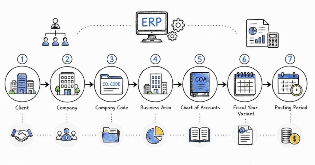 SAP FICO enterprise structure diagram illustrating client, company, company code, business area, chart of accounts, and fiscal year setup.