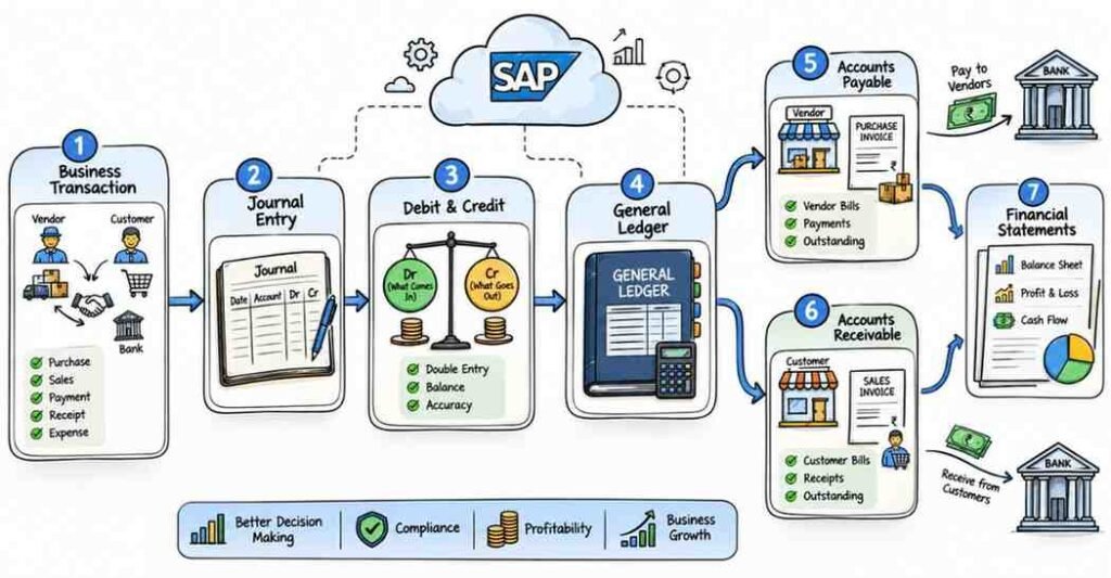 SAP FI accounting workflow showing journal entries, general ledger, accounts payable, accounts receivable, and financial reporting process.