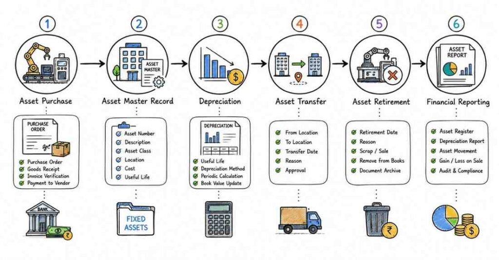 SAP Asset Accounting lifecycle illustrating asset acquisition, depreciation, transfer, retirement, and financial reporting.