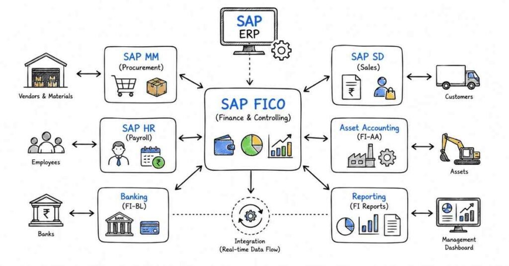 SAP FICO integration architecture connecting Financial Accounting with MM, SD, HR, Asset Accounting, Banking, and Reporting modules.
