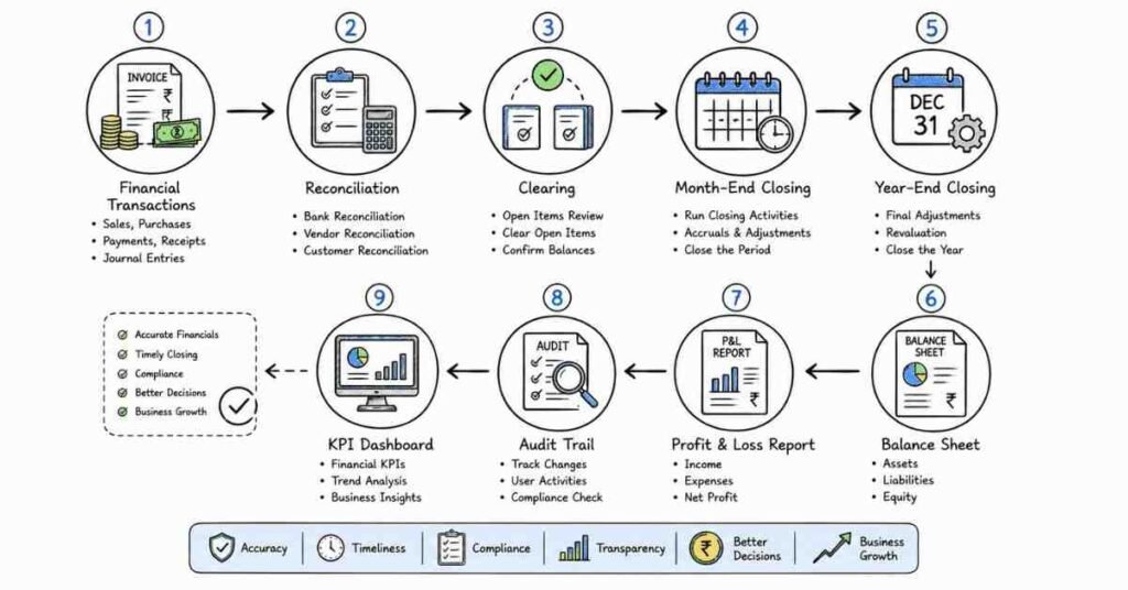 SAP FICO month-end and year-end closing workflow showing reconciliation, reporting, audit trail, financial statements, and KPIs.