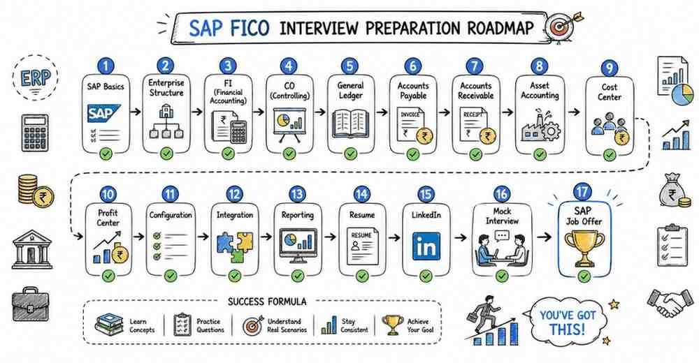 SAP FICO interview preparation checklist covering FI, CO, G/L, AP, AR, Asset Accounting, Configuration, Integration, Reporting, Resume, and Mock Interviews.