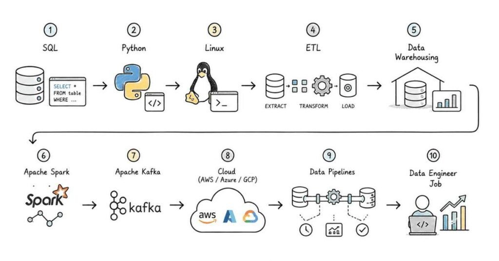 Data Engineer career roadmap showing the complete learning path from SQL and ETL fundamentals to becoming a Data Engineer in 2026.