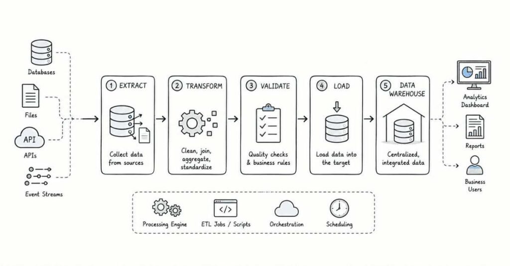 ETL data pipeline workflow illustrating extract, transform, validate, and load process for Data Engineers.