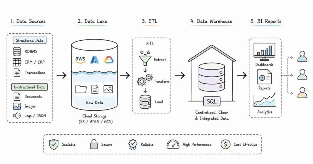 Data warehouse and data lake architecture showing enterprise data flow and analytics pipeline.