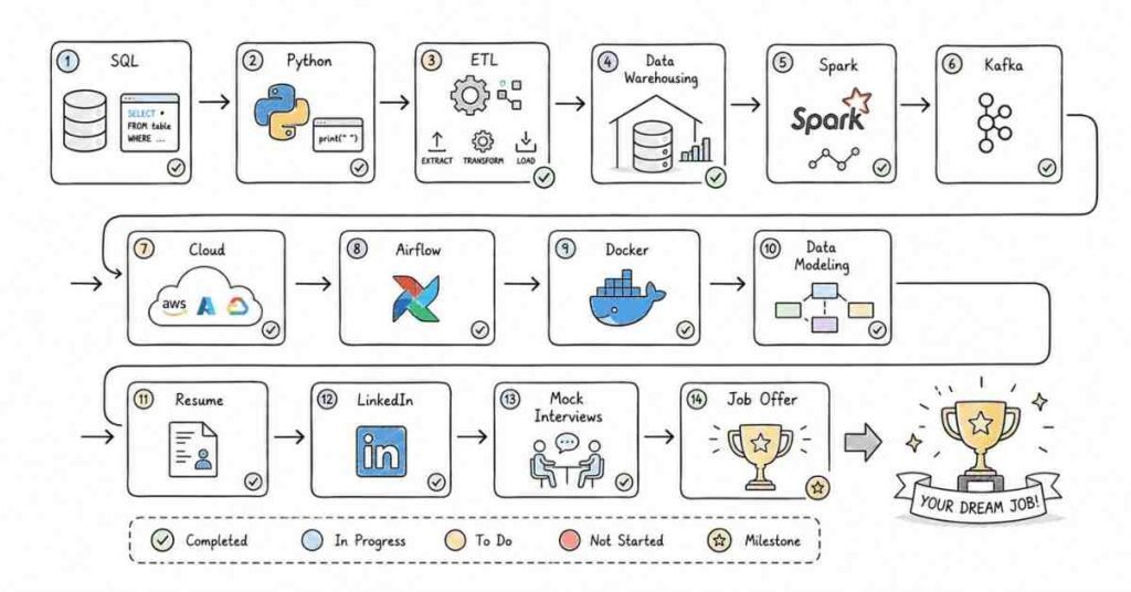 Data Engineer interview preparation checklist covering SQL, ETL, Spark, Kafka, cloud platforms, resume preparation, and mock interviews.